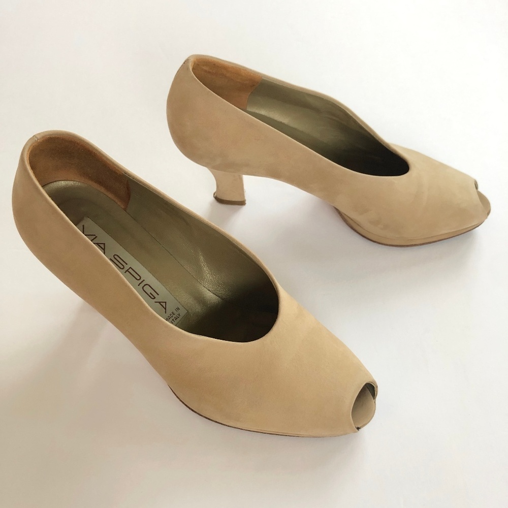 Via Spiga Nude Suede Open Toe Heels